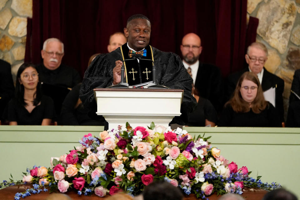 Pastor Tony Lowden speaks during the funeral service for former U.S. first lady Rosalynn Carter at Maranatha Baptist Church. / Credit: Alex Brandon/pool, via REUTERS