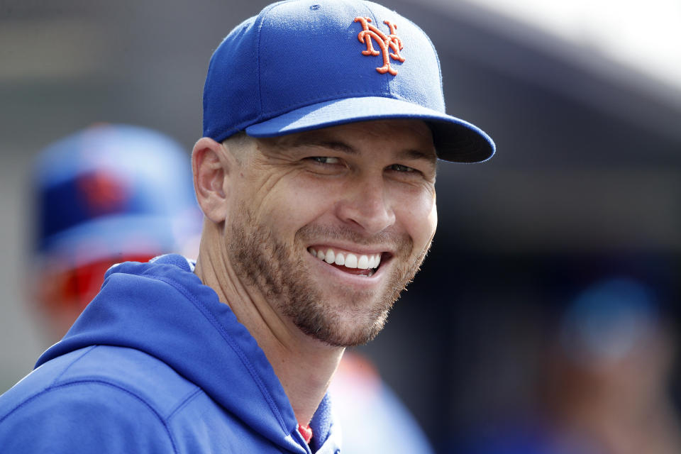 NEW YORK, NEW YORK - JULY 10: (NEW YORK DAILIES OUT)  Jacob deGrom #48 of the New York Mets has a laugh before a game against the Pittsburgh Pirates at Citi Field on July 10, 2021 in New York City. The Pirates defeated the Mets 6-2. (Photo by Jim McIsaac/Getty Images)