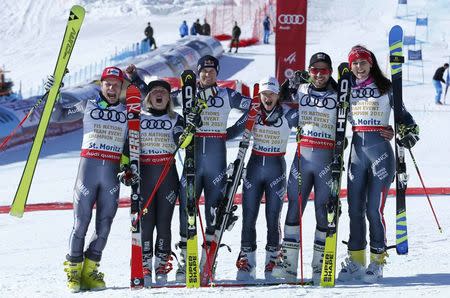 Alpine Skiing - FIS Alpine Skiing World Championships - Alpine Team Event - St. Moritz, Switzerland - 14/2/17 - (L to R) France's Julien Lizeroux, Tessa Worley, Alexis Pinturault, Adeline Baud Mugnier, Mathieu Faivre and Nastasia Noens celebrate winning gold after the final of the parallel slalom Mixed Team event. REUTERS/Denis Balibouse