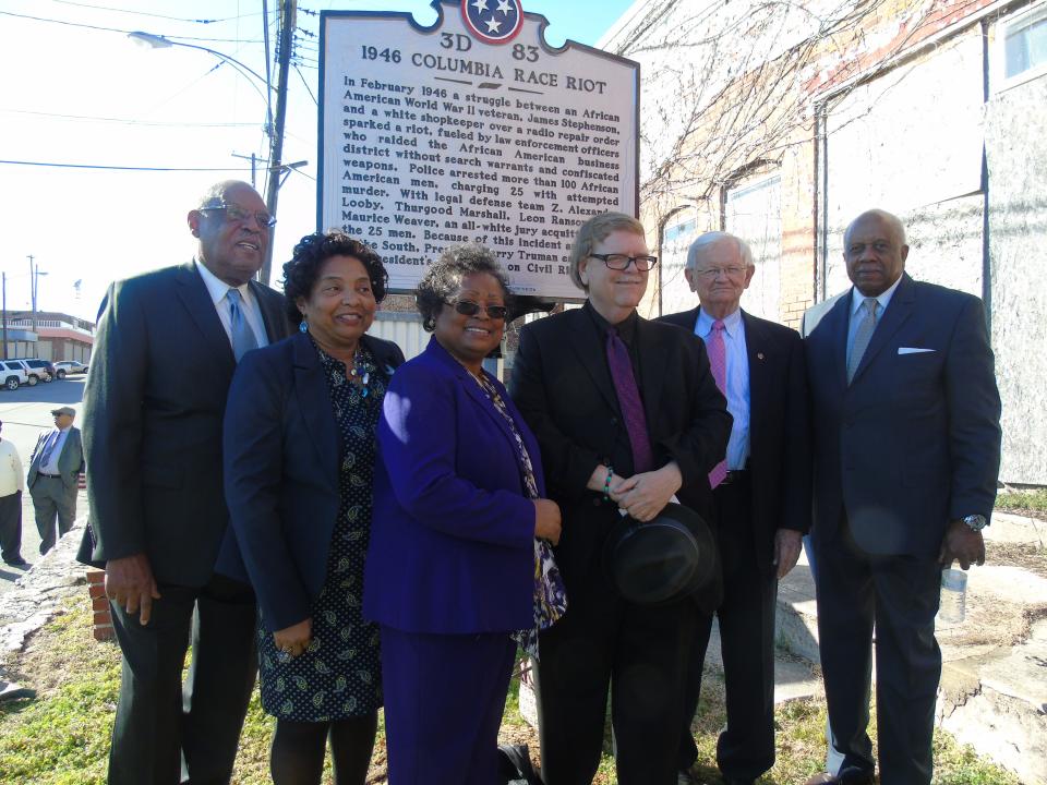 Elected offocials and community members attend the 1946 Columbia race riot marker dedication in Columbia (Left) Walter Mitchell, vice president
Dr. Christa Martin, vice mayor of the city of Columbia, Jo Ann McClellan, president, Dr. Carroll Van West, Tennessee State Historian, Dean Dickey, former mayor of the City of Columbia, Carl Pillow, society member and Master of Ceremony of the Dedication Program.