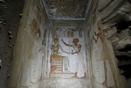 Egyptian relief sculptures are seen on the walls of Temple of Seti I, Abydos archeological site, Sohag, Egypt April 5, 2019. REUTERS/Mohamed Abd El Ghany