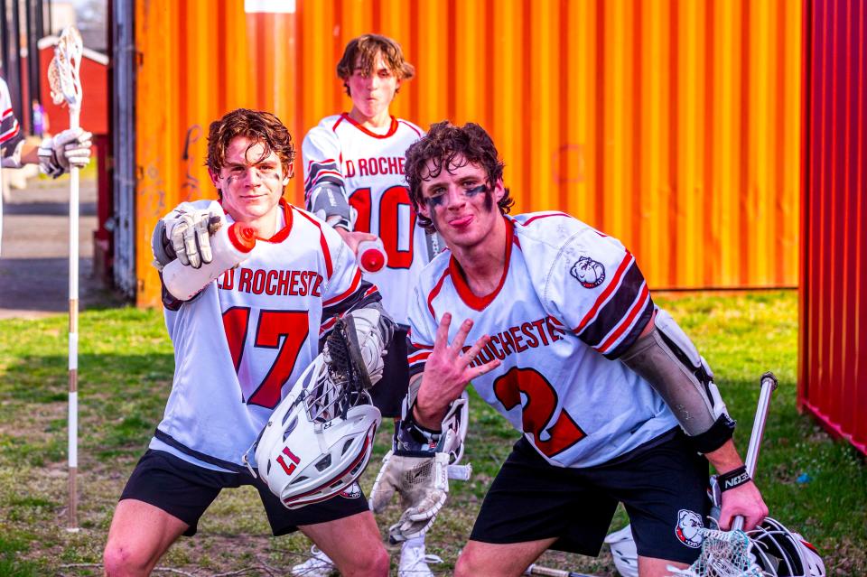 Members of the Bulldogs Lacrosse team pose for a picture.  (L-R) Harriosn Hughes, Andrew Nee, and Brady Lee.