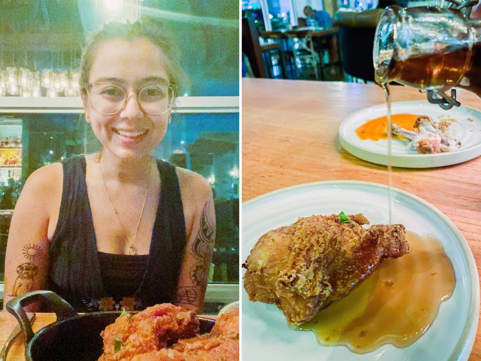 The author smiling with the chicken (L) and the syrup dripping on the chicken (R)