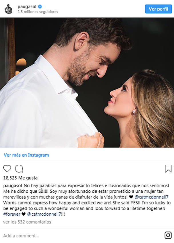 ¡Ha dicho que sí! Pau Gasol anuncia su boda con su novia, Cat McDonnell