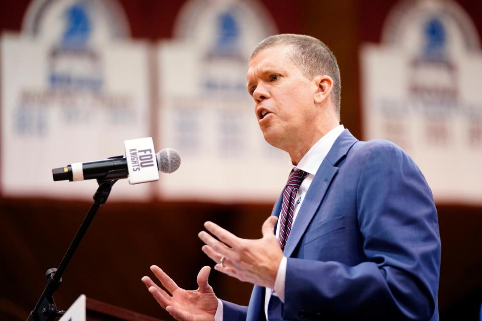 Tobin Anderson is introduced as the head coach of Fairleigh Dickinson's men's basketball team in a press conference on Thursday, May 5, 2022, in Hackensack.