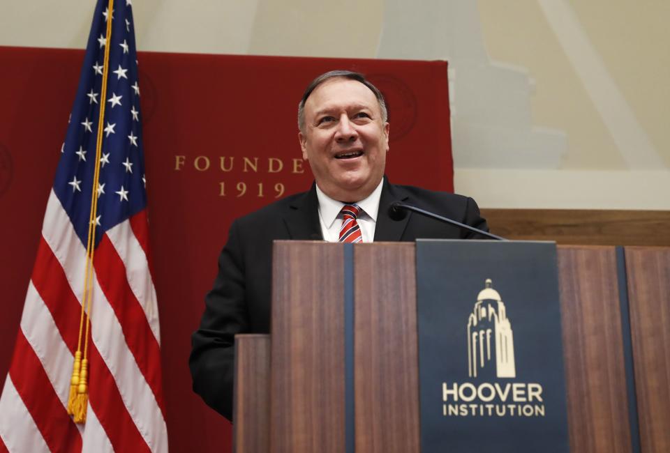 US Secretary of State Mike Pompeo speaks during an event hosted by the Hoover Institution at Stanford University in Stanford, California, on January 13, 2020. (Photo by JOHN G. MABANGLO / POOL / AFP) (Photo by JOHN G. MABANGLO/POOL/AFP via Getty Images)