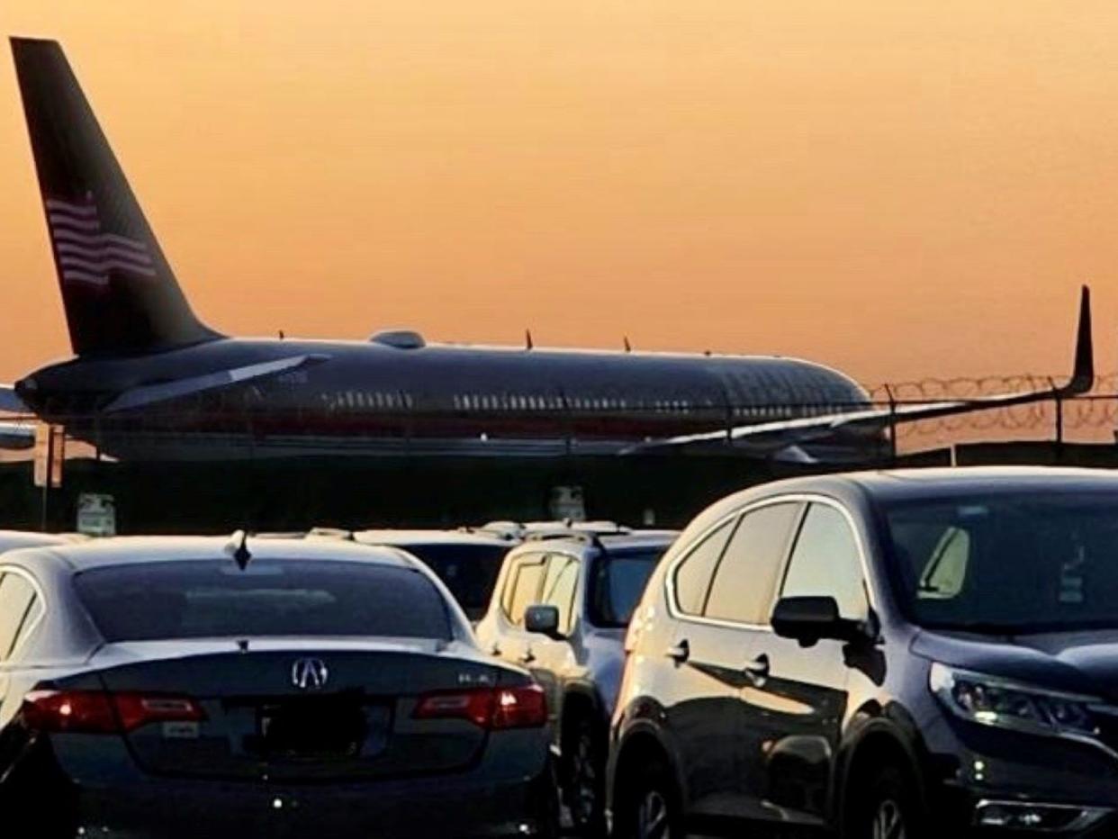Donald Trump's Boeing 757 private jet at LaGuardia Airport in New York on April 3 after he flew in for his arraignment.