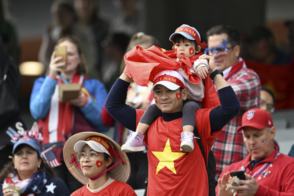 Vietnam's fans cheer before the start of the Women's World Cup Group E soccer match between the United States and Vietnam at Eden Park in Auckland, New Zealand, Saturday, July 22, 2023. (AP Photo/Andrew Cornaga)