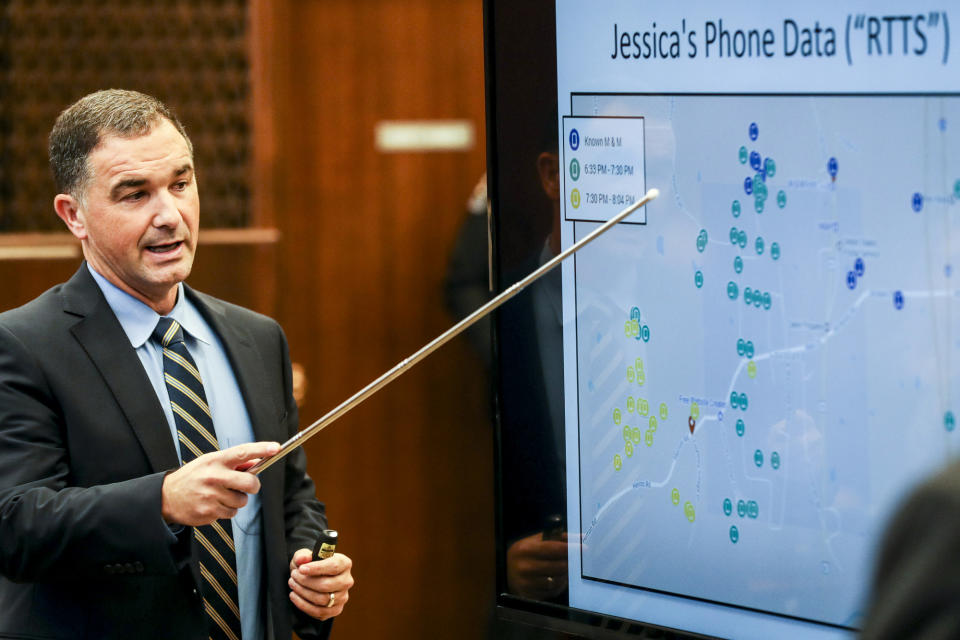 U.S. Department of Justice Analyst Paul Rowlett testifies during the fifth day of the retrial of Quinton Tellis on Saturday, Sept. 29, 2018, in Batesville, Miss. Tellis is being retried on capital murder charges in the 2014 death of Jessica Chambers after a jury couldn't reach a verdict in Tellis' first trial last year. (Brad Vest/The Commercial Appeal via AP, Pool)