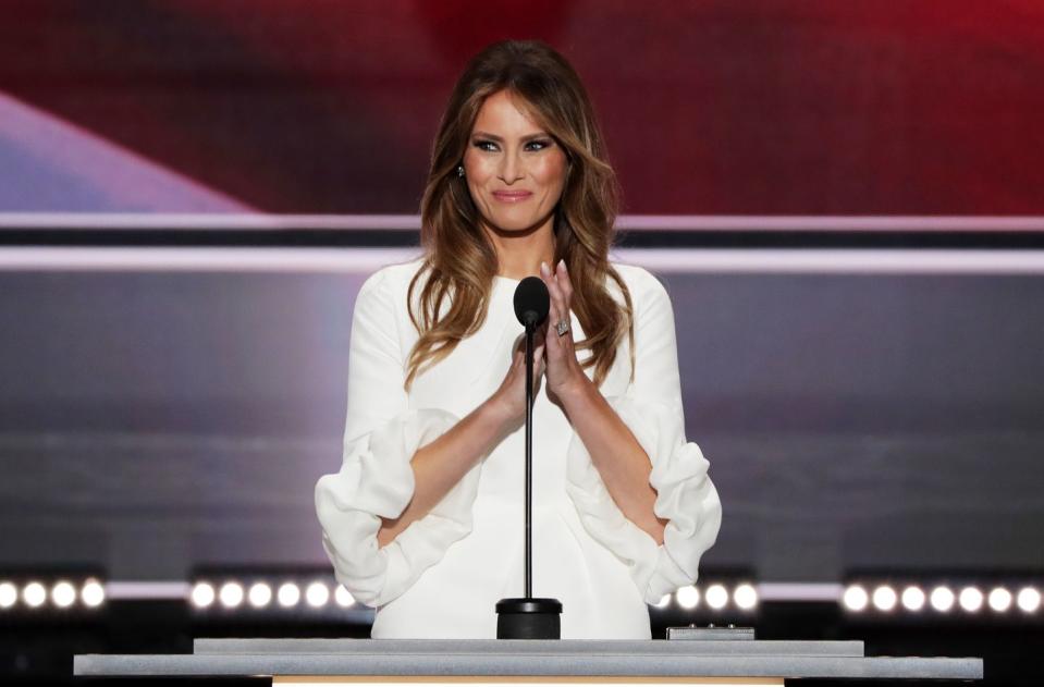 <p>Mrs. Trump is pictured here at the Republican National Convention in July 2016 wearing an ivory look by Dolce and Gabanna. </p>