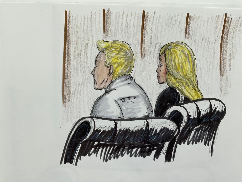 Court sketch of a man and woman with blonde hair sitting on a chair in a courtroom.