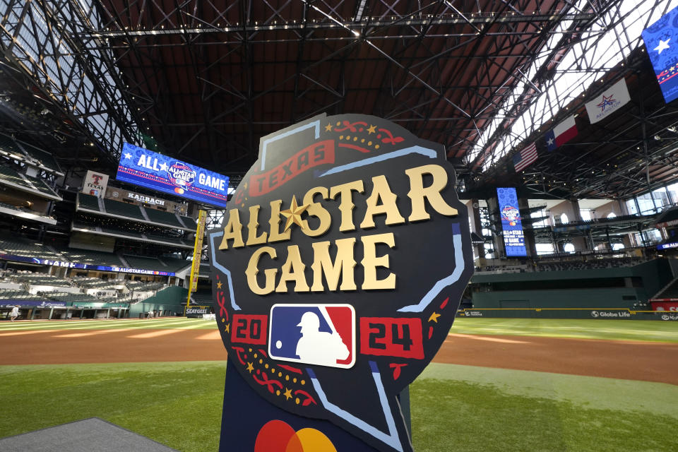 The logo for the 2024 Major League Baseball All-Star game logo sits on infield at Globe Life Field after it was unveiled at a news conference, Thursday, July 20, 2023, in Arlington, Texas. Major League Baseball and the Rangers on Thursday unveiled the logo for next year's All-Star Game at Globe Life Field. (AP Photo/Tony Gutierrez)