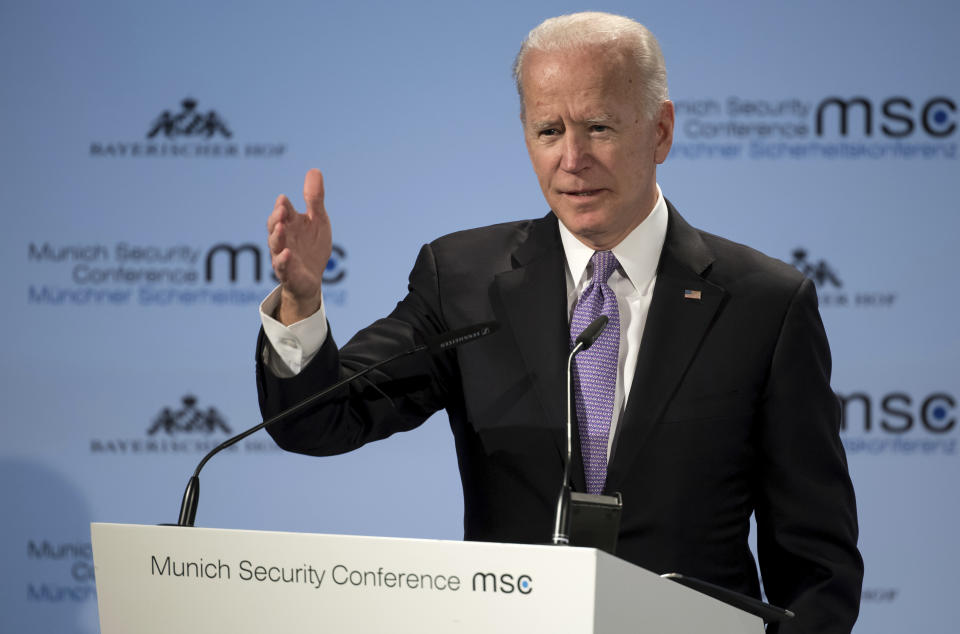 Former Vice President Joe Biden delivers his speech during the Munich Security Conference in Munich, Germany, Saturday, Feb. 16, 2019. (Sven Hoppe/dpa via AP)