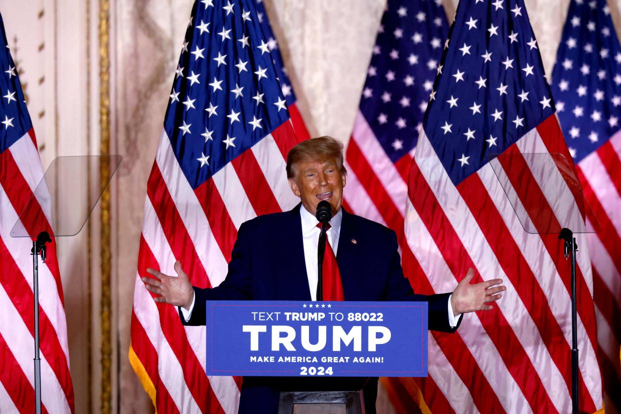 Former president Donald Trump speaking at the Mar-a-Lago Club in Palm Beach, Florida, on Nov. 15, announcing a third White House run.