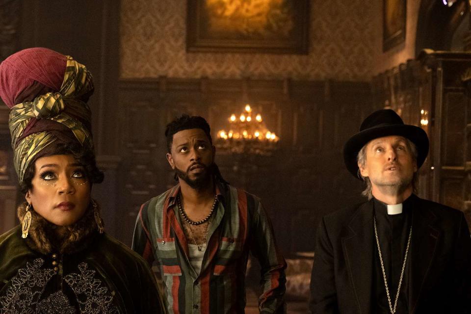 <p>Jalen Marlowe/Disney</p> Tiffany Haddish, Lakeith Stanfield and Owen Wilson in Haunted Mansion 2023