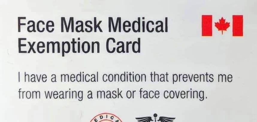 A photo from a Facebook page that is distributing cards that are intended to exempt people from wearing a mask as per provincial and municipal bylaws while indoors. (Facebook)