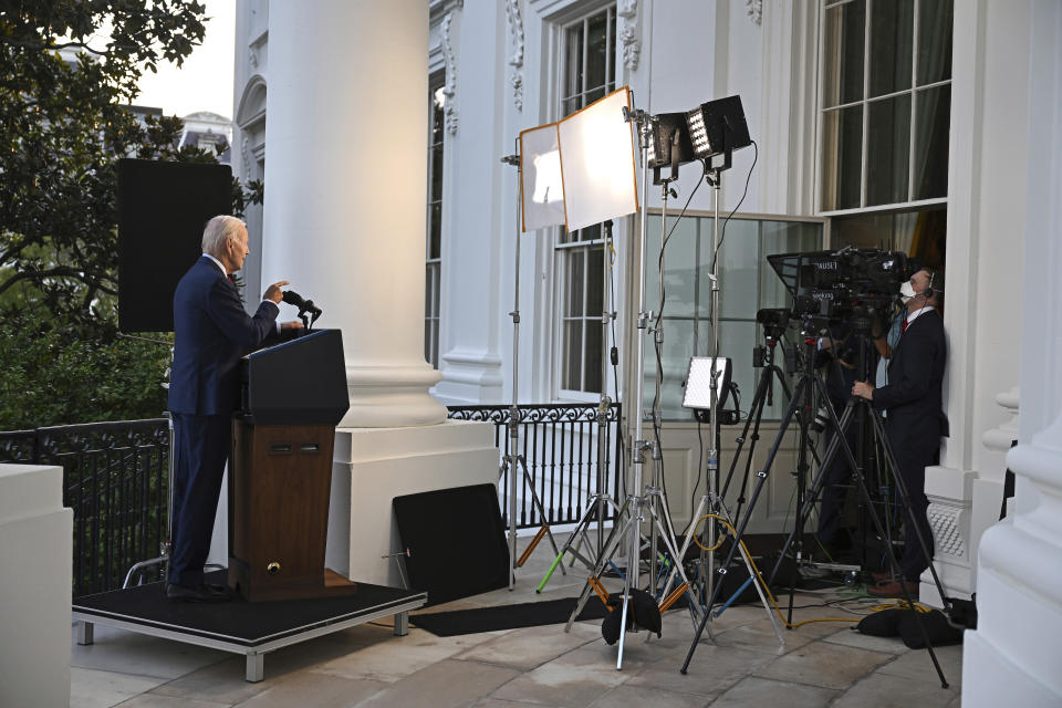 President Joe Biden speaks from the Blue Room Balcony of the White House Monday, Aug. 1, 2022, in Washington, as he announces that a U.S. airstrike killed al-Qaida leader Ayman al-Zawahri in Afghanistan. (Jim Watson/Pool via AP)