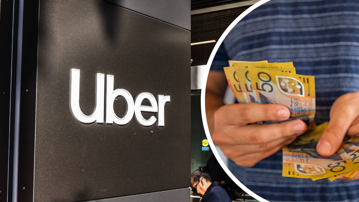 A composite image of the Uber logo on the exterior of a building and a person holding Australian $50 notes.