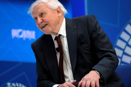 Sir David Attenborough sits for an interview with IMF Managing Director Christine Lagarde during the Spring Meetings of the World Bank Group and IMF in Washington