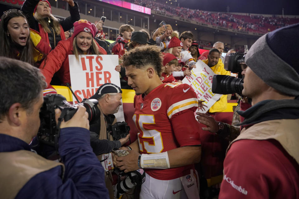 Kansas City Chiefs quarterback Patrick Mahomes heads off the field following a 19-9 victory over the Dallas Cowboys in an NFL football game Sunday, Nov. 21, 2021, in Kansas City, Mo. (AP Photo/Ed Zurga)