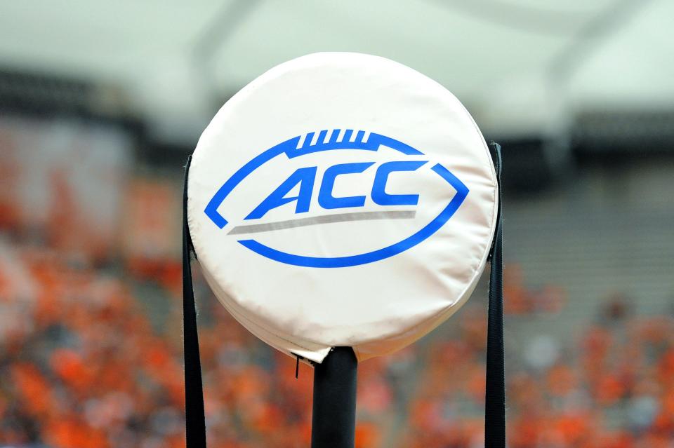 Sep 19, 2015; Syracuse, NY, USA; General view of the Atlantic Coast Conference logo on a yard marker during the game between the Central Michigan Chippewas and the Syracuse Orange in the third quarter at the Carrier Dome. Syracuse won 30-27 in overtime. Mandatory Credit: Rich Barnes-USA TODAY Sports