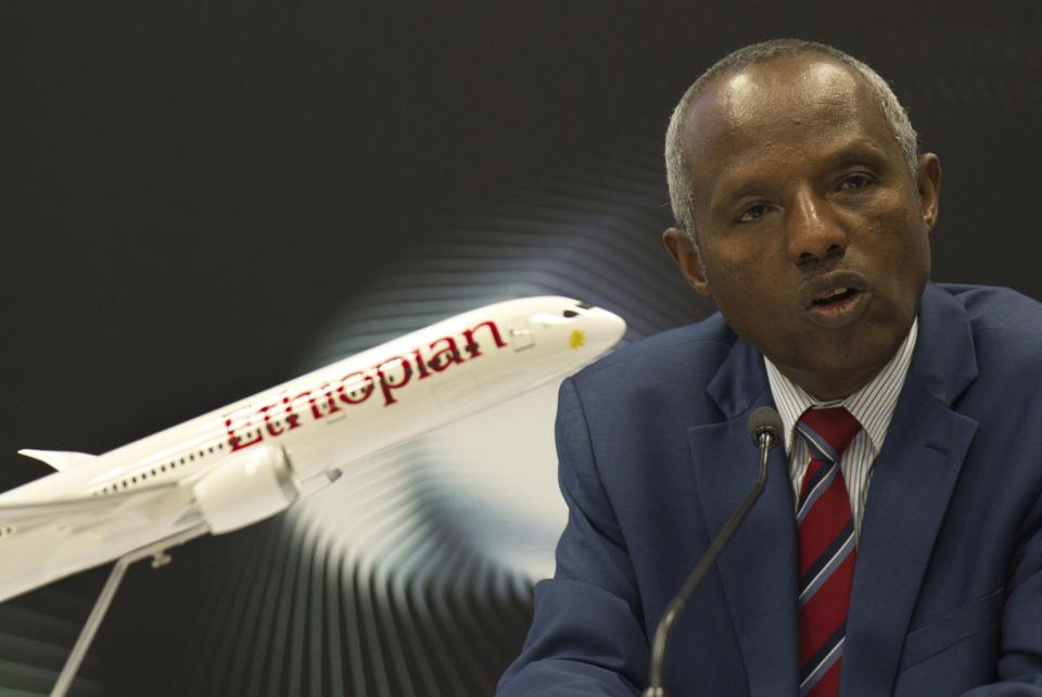 Ethiopian Airlines Group CEO Mesfin Tasew speaks at the Dubai Air Show in Dubai, United Arab Emirates, Tuesday, Nov. 14, 2023. Ethiopian Airlines said Tuesday it was buying 31 aircraft from Boeing, including 20 737 MAX aircraft in a sign of renewed confidence in the single-aisle aircraft by the carrier after it suffered a deadly crash in 2019 with the airplane that led to its worldwide grounding. (AP Photo/Jon Gambrell)