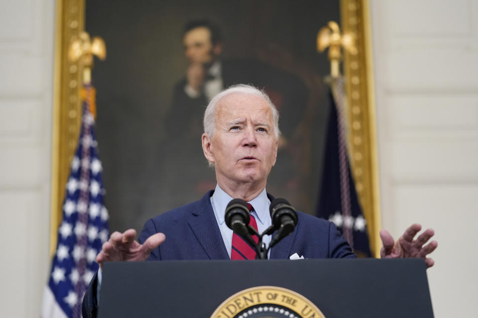 President Joe Biden speaks about the shooting in Boulder, Colo., Tuesday, March 23, 2021, in the State Dining Room of the White House in Washington. (AP Photo/Patrick Semansky)