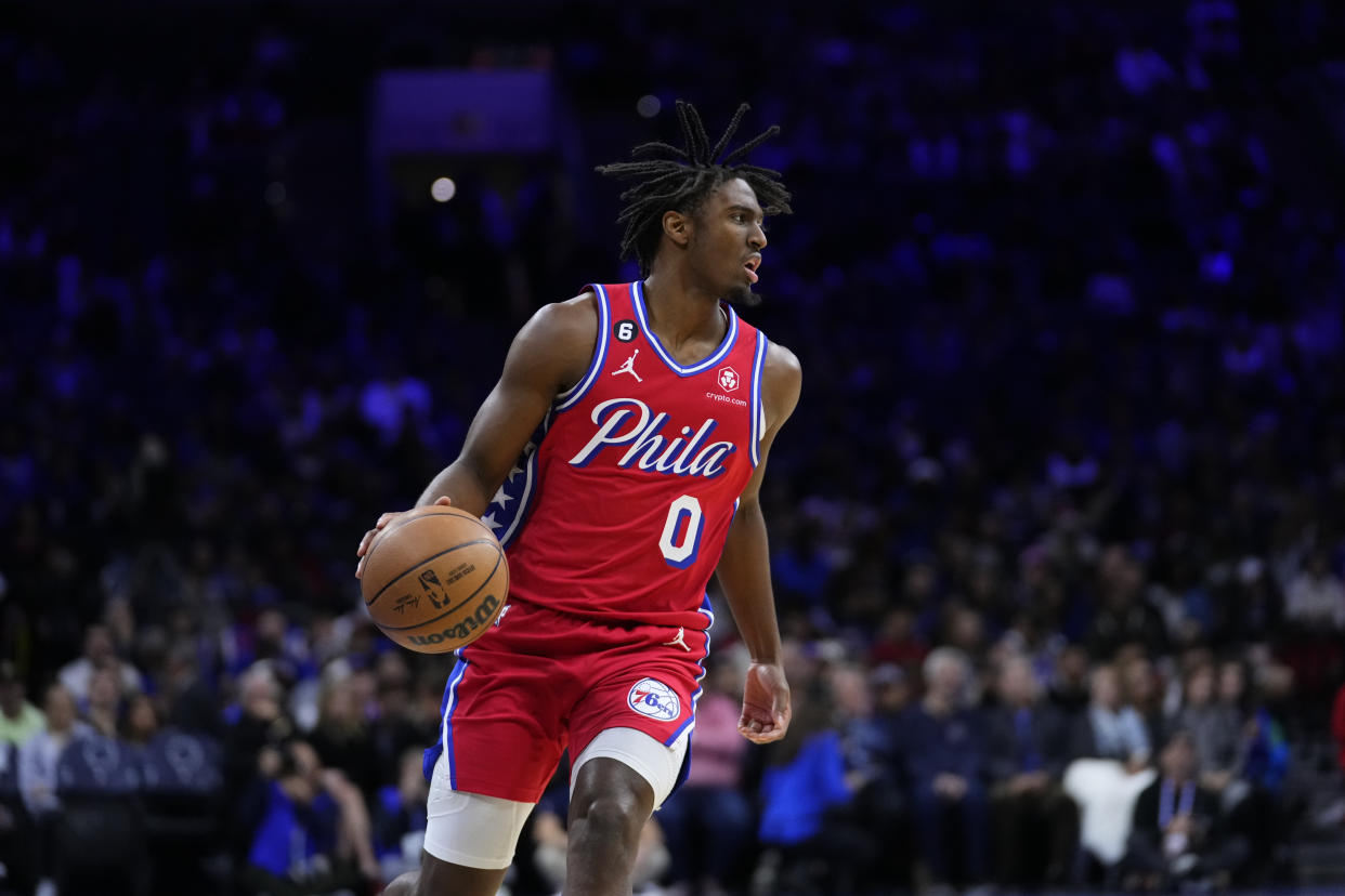 Philadelphia 76ers' Tyrese Maxey plays during an NBA basketball game, Friday, Nov. 18, 2022, in Philadelphia. (AP Photo/Matt Slocum)