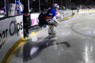 New York Islanders goaltender Semyon Varlamov (40) takes the ice before Game 3 of the team's NHL hockey second-round playoff series against the Boston Bruins on Thursday, June 3, 2021, in Uniondale, N.Y. (AP Photo/Frank Franklin II)