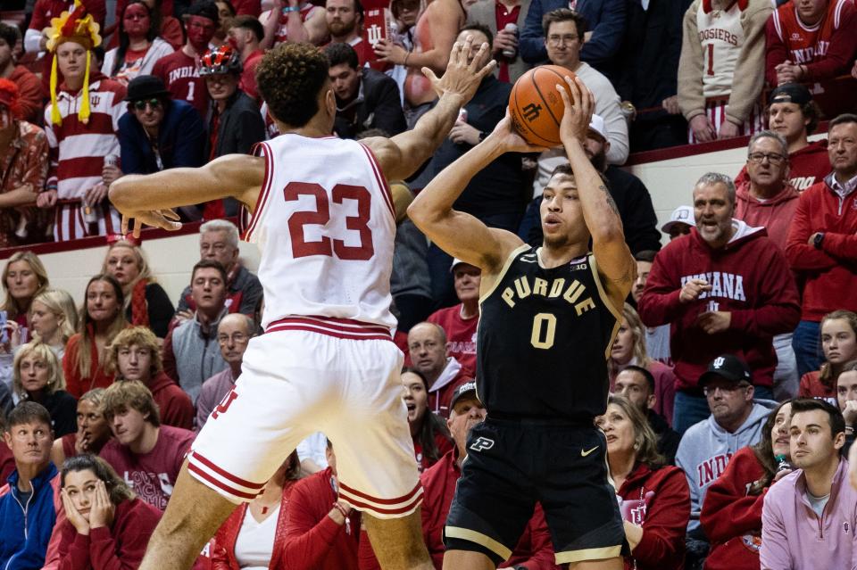 Purdue forward Mason Gillis (0) looks to pass while being defended by Indiana forward Trayce Jackson-Davis during the second half at Simon Skjodt Assembly Hall.