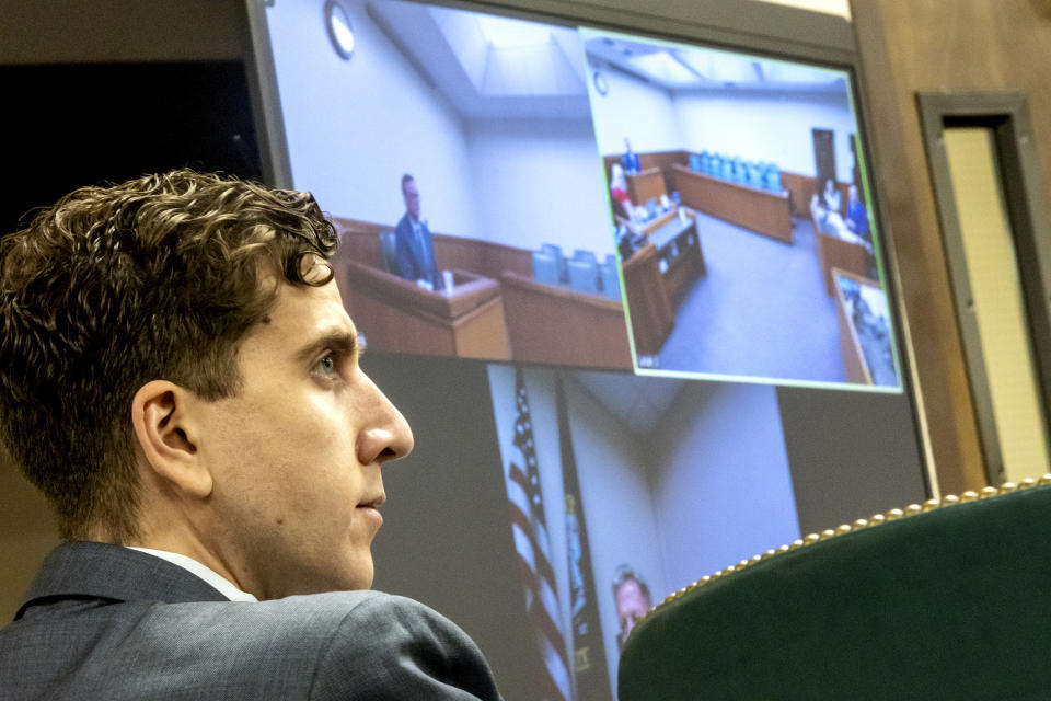Bryan Kohberger watches proceedings during a hearing, Friday, Aug. 18, 2023, at the Latah County Courthouse in Moscow., Idaho. Kohberger is accused of killing four University of Idaho students in November 2022. (August Frank/The Lewiston Tribune via AP, Pool)