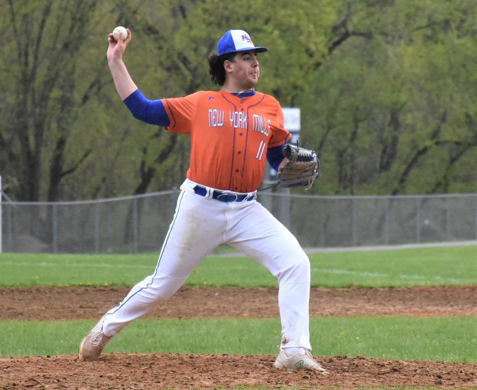 Tim Lavier delivers a pitch for New York Mills during Thursday's rain-shortened shutout of the West Canada Valley Indians.