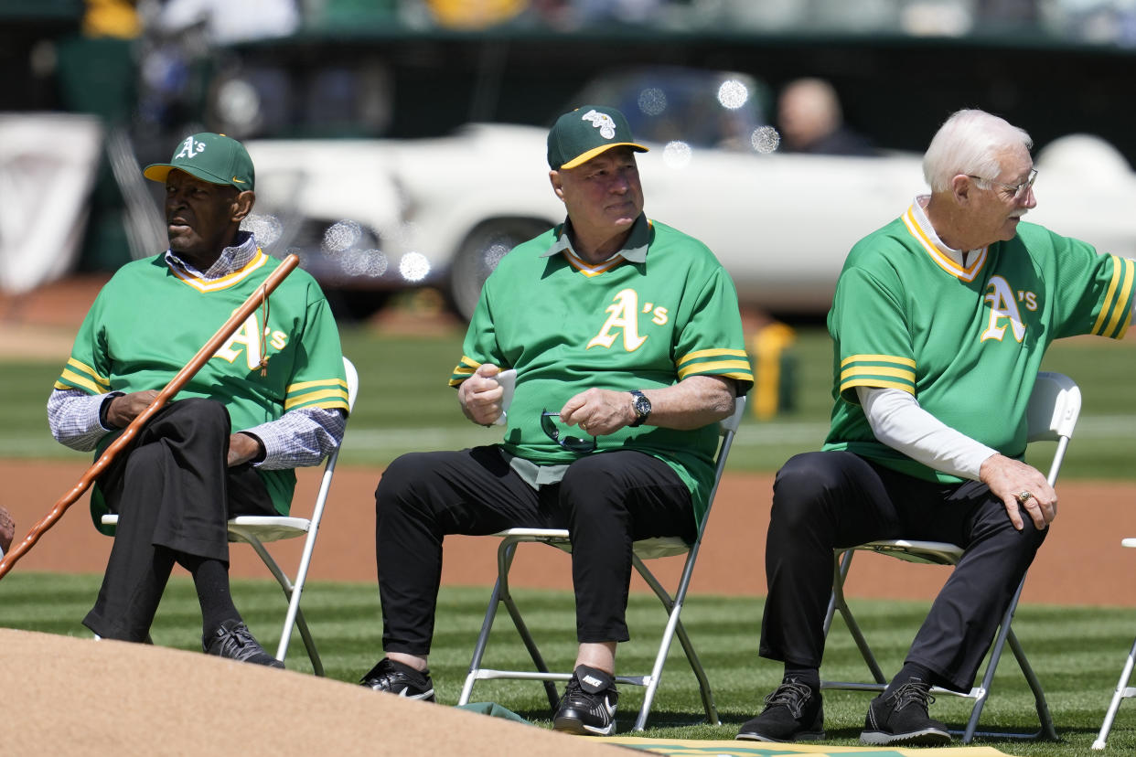 Former Oakland Athletics Vida Blue, Gene Tenace and Joe Rudi were honored in a ceremony in April. (AP Photo/Jeff Chiu)