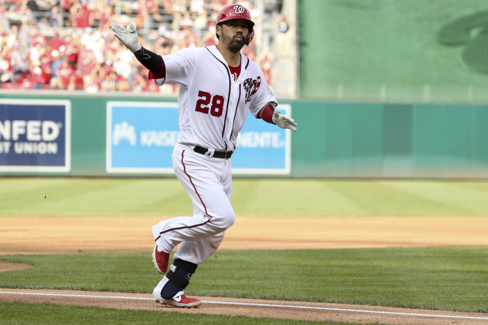 Washington Nationals' Kurt Suzuki runs after hitting a two-run home run during the third inning of a baseball game against the Cleveland Indians at Nationals Park, Sunday, Sept. 29, 2019, in Washington. (AP Photo/Andrew Harnik)
