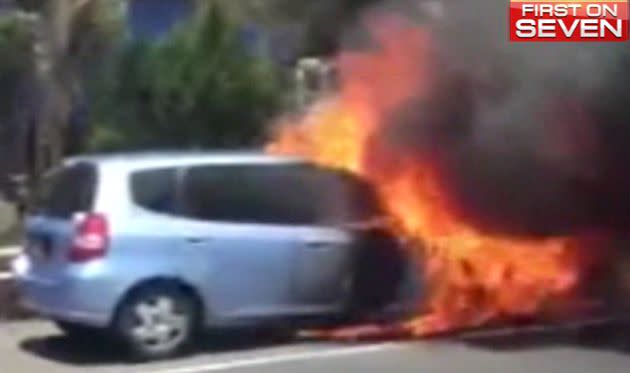 A car on fire on Sydney's M4 Photo: First on 7News