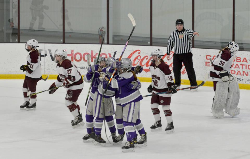 The Martha's Vineyard team celebrates Alana Nevin's second period goal.
(Photo: Merrily Cassidy/Cape Cod Times)