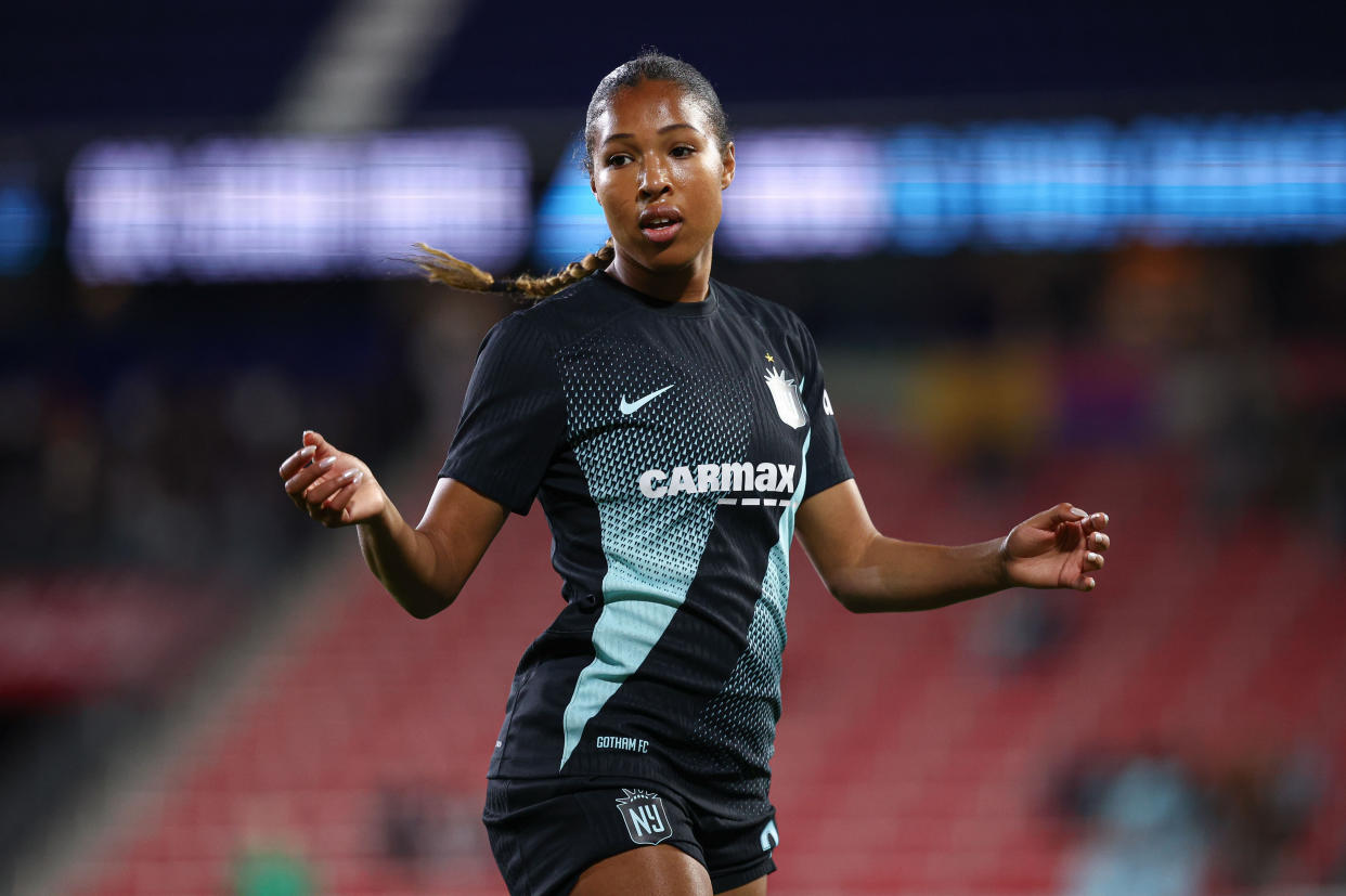 Mar 15, 2024; Harrison, New Jersey, USA; NJ/NY Gotham FC forward Midge Purce (23) in action during the first half of the 2024 UKG NWSL Challenge Cup against the San Diego Wave FC  at Red Bull Arena. Mandatory Credit: Vincent Carchietta-USA TODAY Sports