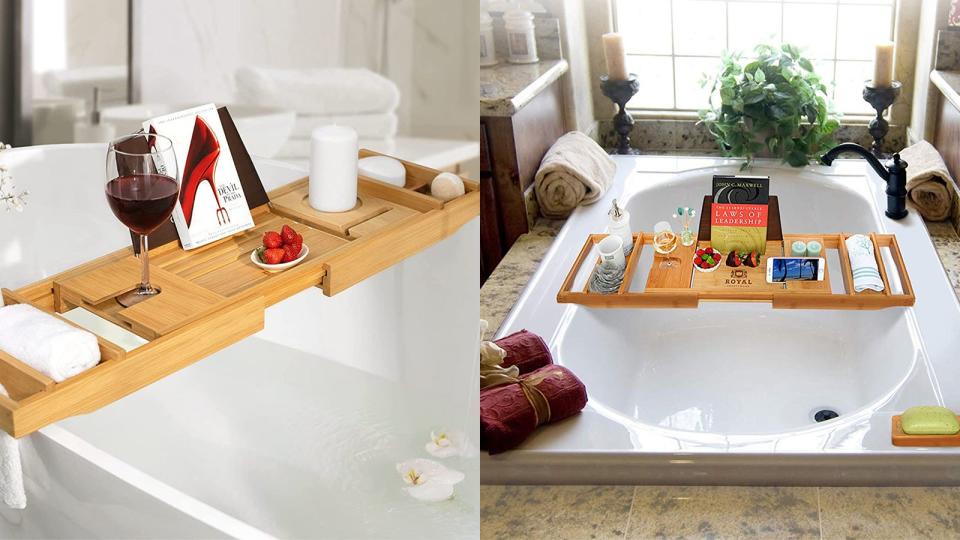 You can bring your tablet, glass of wine or book to the tub, thanks to the Royal Craft Wood Luxury Bathtub Caddy Tray.