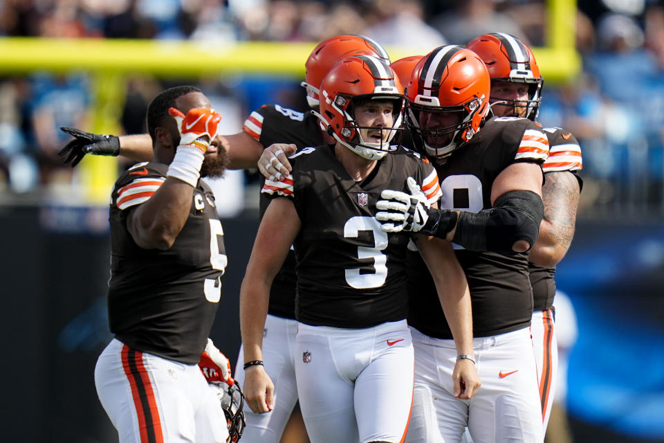 Cleveland Browns place kicker Cade York celebrates after kicking the game winning field goal against the Carolina Panthers during the second half of an NFL football game on Sunday, Sept. 11, 2022, in Charlotte, N.C. (AP Photo/Rusty Jones)