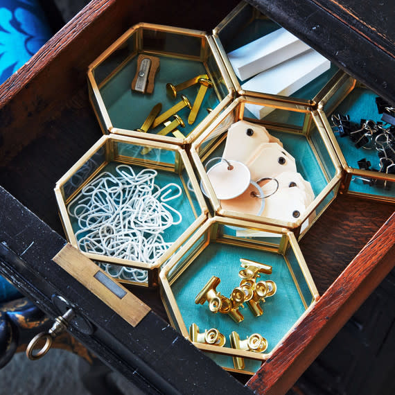 Martha keeps desk supplies on hand with her new chic brass and linen collection for Staples. | Marcus Nilsson