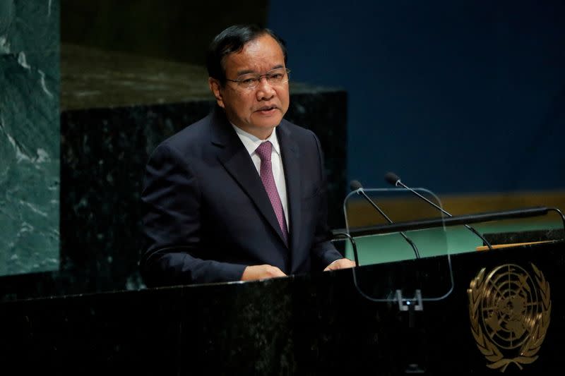 FILE PHOTO: Cambodian Foreign Minister Prak Sokhonn addresses the 74th session of the United Nations General Assembly at U.N. headquarters in New York City, New York