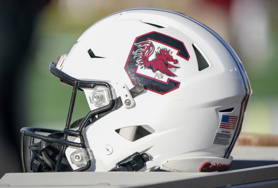 Nov. 13, 2021; Columbia, Missouri, USA; A general view of a South Carolina Gamecocks helmet against the Missouri Tigers during the first half at Faurot Field at Memorial Stadium. Denny Medley-USA TODAY Sports