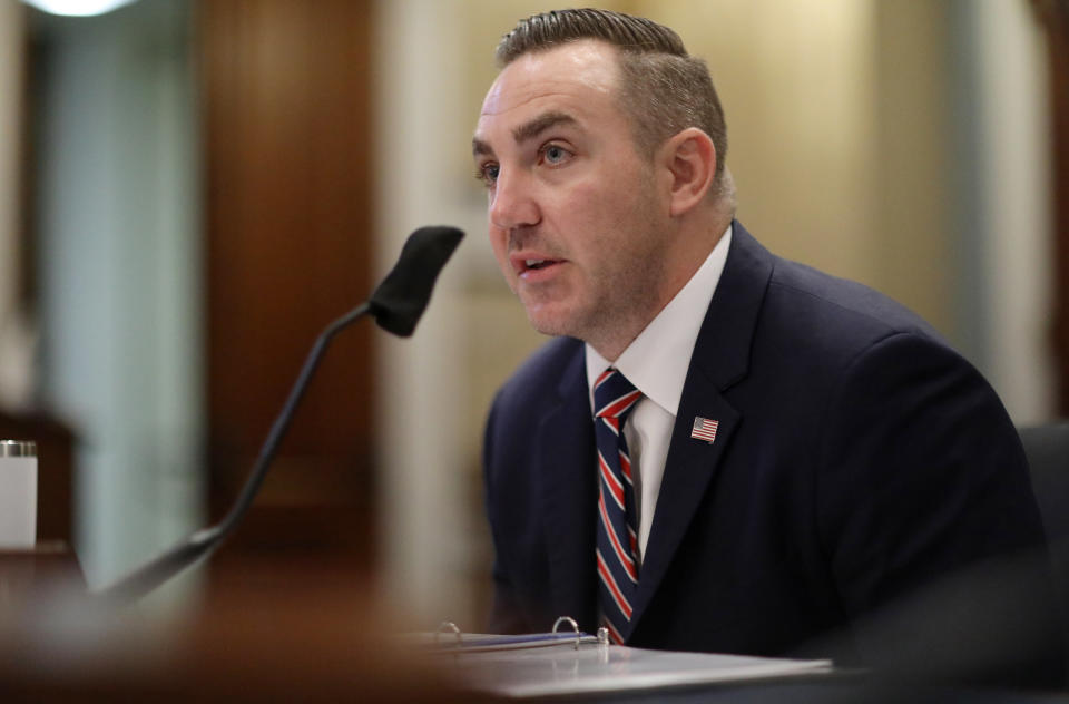 Major Adam DeMarco of the District of Columbia National Guard testifies about the June 1 confrontation with protesters at Lafayette Square near the White House during a House Natural Resources Committee hearing on July 28, 2020 on Capitol Hill in Washington, D.C. (Leah Millis-Pool/Getty Images)