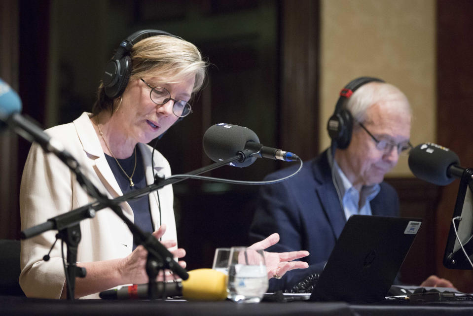 BBC Radio 4 Today presenters Sarah Montague and John Humphrys broadcast today's Today programme at Wigmore Hall in central London as the BBC Radio 4 Today programme celebrates its 60th anniversary.