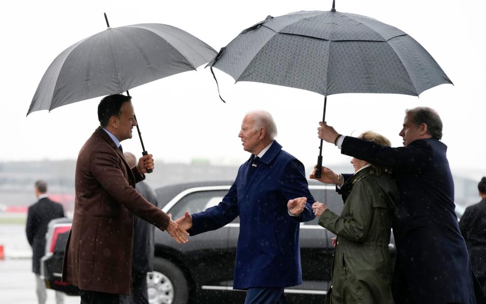 Irish Taoiseach Leo Varadkar greets US President Joe Biden after his arrival in Dublin this afternoon - Patrick Semansky/AP