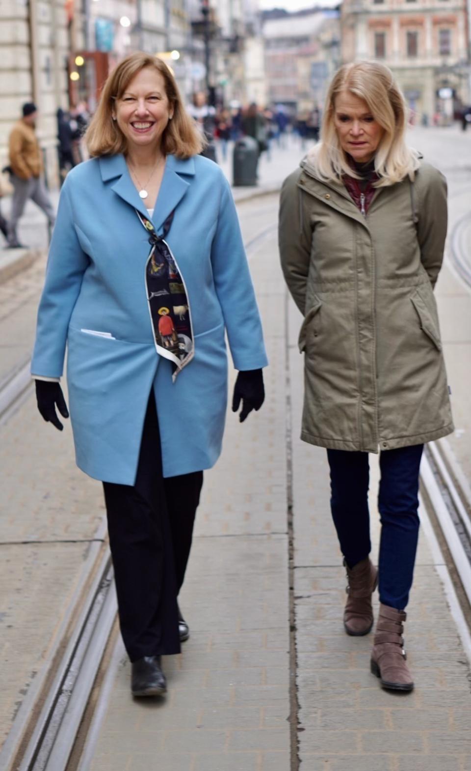 Kristina Kvien, United States Chargé d'affaires ad interim to Ukraine, left, walks with ABC News Chief Global Affairs Correspondent Martha Raddatz in the Ukraine. (ABC NEws via AP)