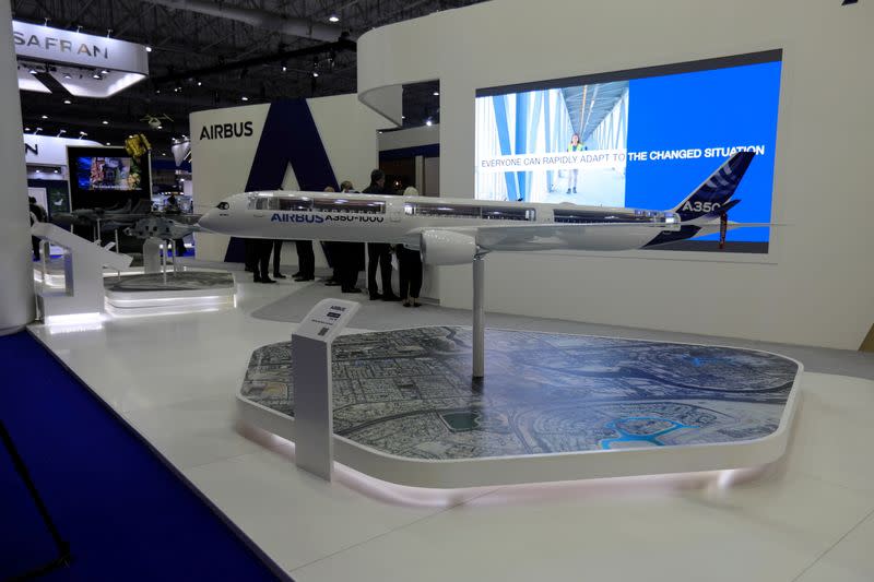 FILE PHOTO: An Airbus A350 model is displayed at the Airbus pavilion during the Dubai Air Show in Dubai