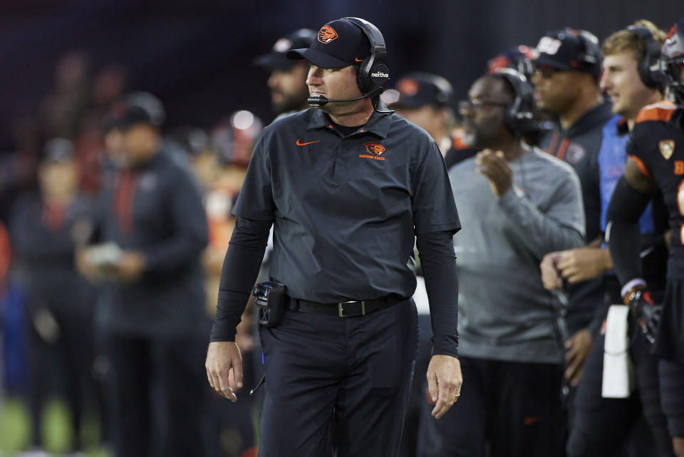 Oregon State coach Jonathan Smith watches from the sideline during the second half of the team's NCAA college football game against Montana State in Portland, Ore., Saturday, Sept. 17, 2022. (AP Photo/Craig Mitchelldyer)