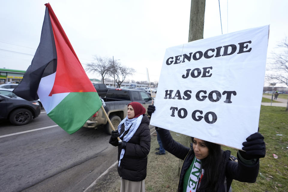 FILE - Pro-Palestinian demonstrators march during a visit by President Joe Biden in Warren, Mich., Feb. 1, 2024. An "uncommitted" campaign protesting President Joe Biden's handling of the Israel-Hamas war is seeing success in other states after 100,000 Michigan voters chose the option in the Feb. 27 primary. Almost 263,000 voters in the five Super Tuesday states where "uncommitted" or similar options were available did the same.(AP Photo/Paul Sancya, File)