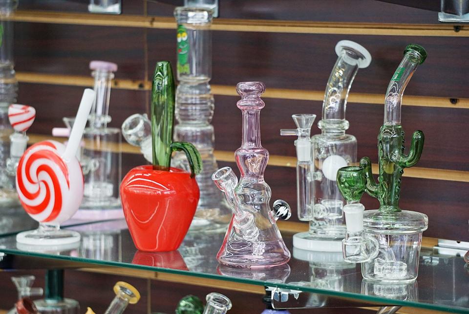 A close-up view of some of the water pipes on view at 101 Smoke Shop in Boynton Beach.